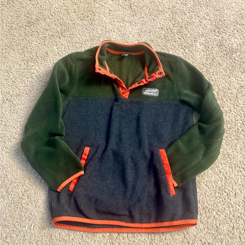 Eddie Bauer Green and Gray Zip-Up Sweater with Orange Trim